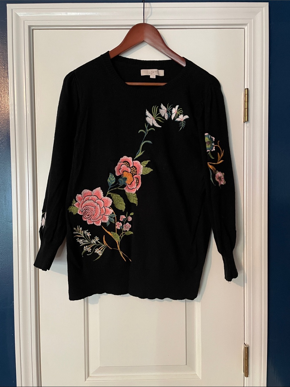 LOFT Black Sweater with Pink Floral Embroidery